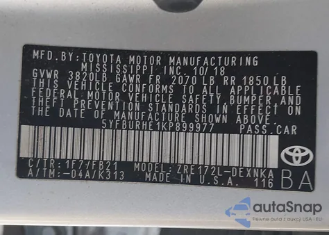 2019 Toyota Corolla Le z USA, uszkodzony, nr VIN 5YFBURHE1KP899977